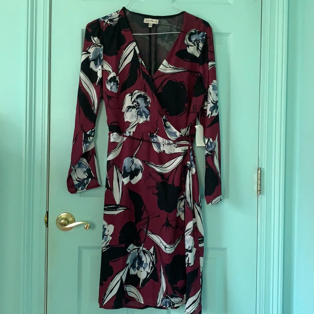 Neiman Marcus Burgundy Flower Printed Wrap Dress